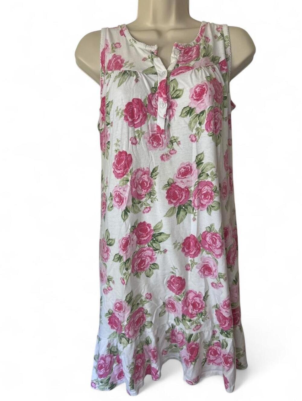 Vintage Emily Stacy 100% Cotton Pink Rose Floral Sleeveless Nightgown Henley